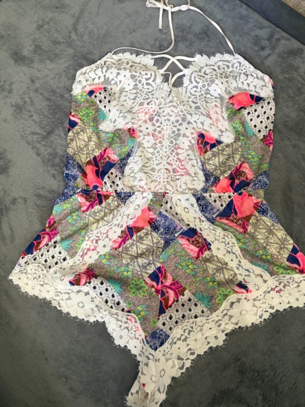 NWT Victoria's Secret Patchwork Lace Halter Teddy Romper (M)